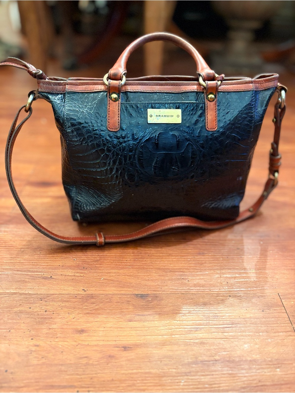 Brahmin Black Croc-Embossed Satchel with Brown Trim and Strap